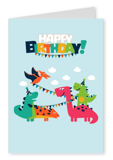 kleine bunte drachen suess happy birthday motiv auf blauen himmel postkarte
