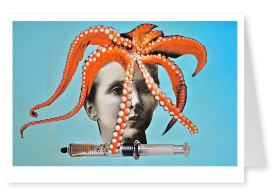 Collage von Belrost mit Oktopus, Frauenkop und Spritze