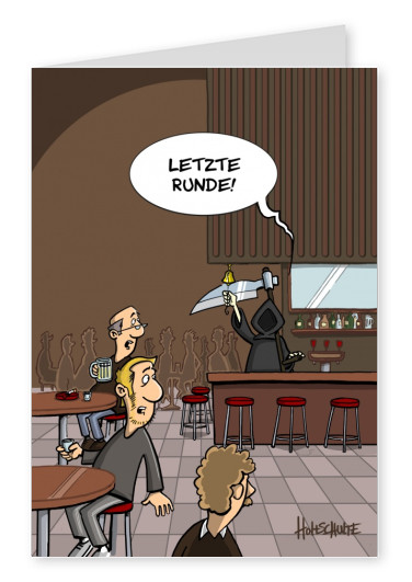 tot aber lustig Michael Holtschulte Cartoon letzte Runde in der Bar