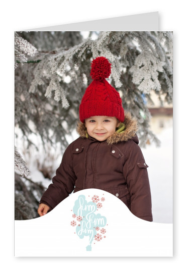 Personalisierbare Weihnachtskarte mit kleinem rauchenden Haus und Schneeflocken