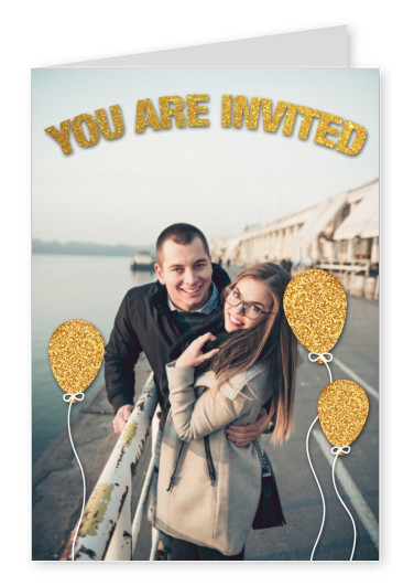 personalisierbare Einladungskarte mit goldenen Ballons