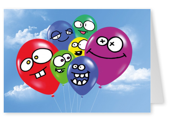 Grußkarte mit lustigem Ballons mit Gesichtern im Himmel