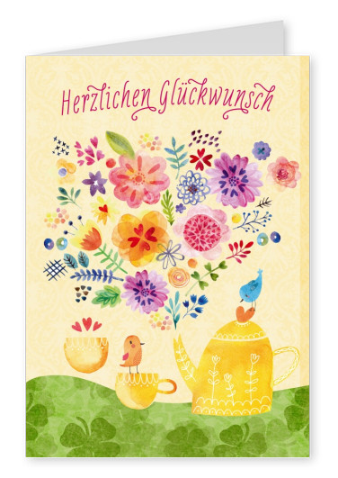 Illustrierte Glückwünschkarte zum Geburtstag mit vielen Blumen 