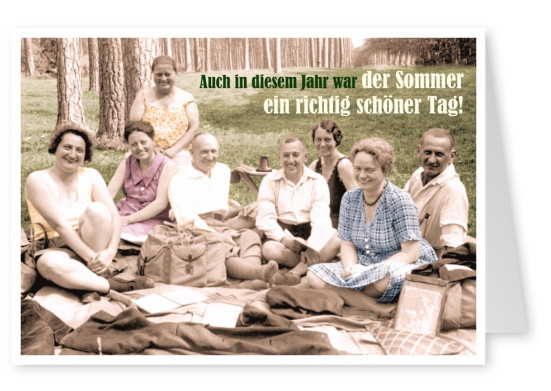 retro karte mit foto von einem picknick und dem spruch auch deises jahr war der sommer iein schöner tag