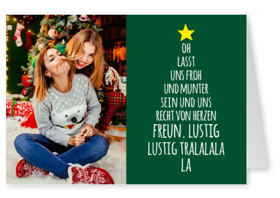 Weihnachtsgrußkarte mit Liedtext von Lasst uns froh und munter sein -in Tannenbaumform