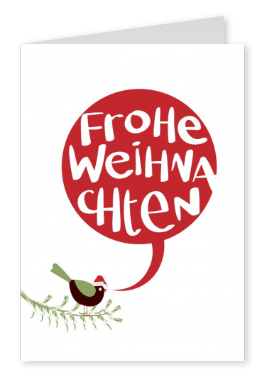 Weihnachtskarte mit Vögelchen auf Tannenzweig, der Frohe Weihnachten wünscht