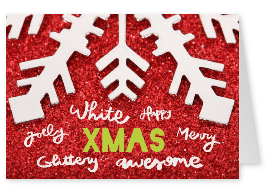 Weihnachtsgrußkarte XMAS mit großer Schneeflocke auf rotem glitzernen Grund