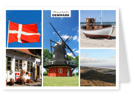 fünfer collage mit fotos von aus dänemark – mühle,strand, stadt, flagge