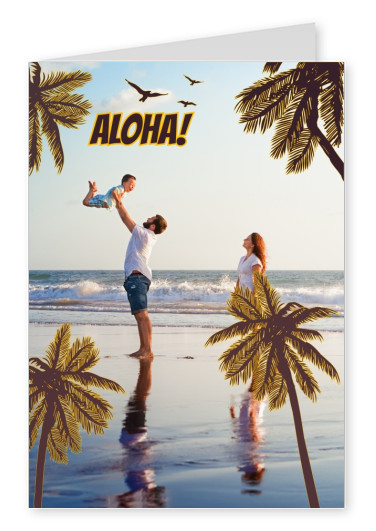Grafik von Palmen am Strand mit Text aloha in Retroschrift