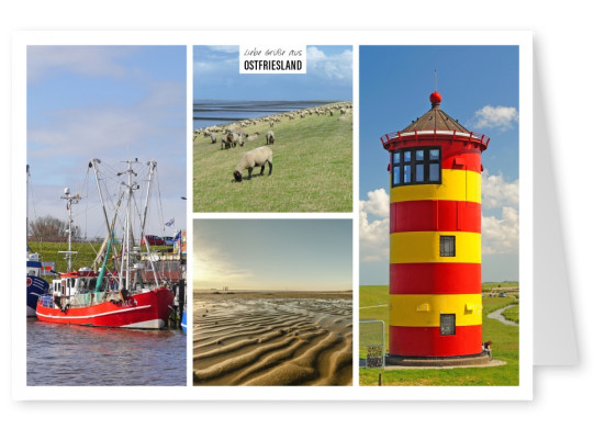 vier fotos mit leuchtturm, schafen, dünen, meer und strand in ostfriesland als collage