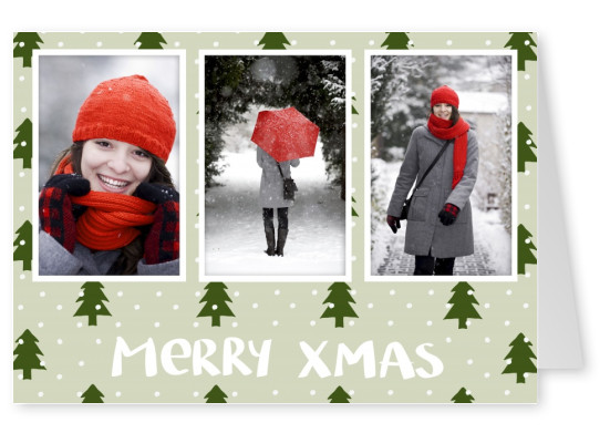 Personalisierbare Weihnachtskarte für drei Fotos deiner Wahl und mit Tannenbaummuster