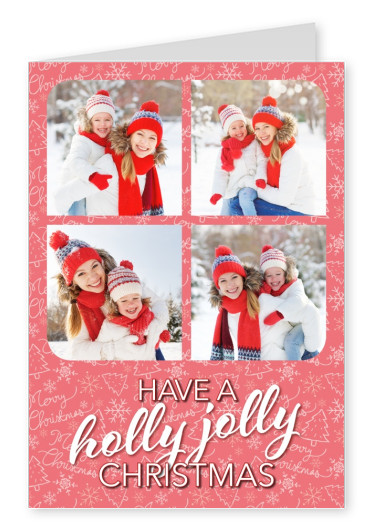 Personalisierbare Weihnachtskarte für vier Bilder mit weihnachtlichem Muster wünscht Have a holly jolly Christmas
