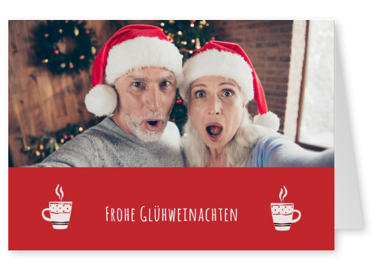 Personalisierbare Weihnachtskarte wünscht Frohe Glühnachten mit zwei dampfenden Tassen