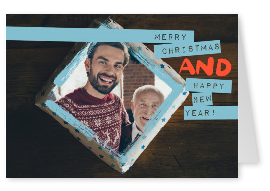 Personalisierbare Weihnachts und Neujahrsgrußkarte auf Holz mit blauen Dekorationen