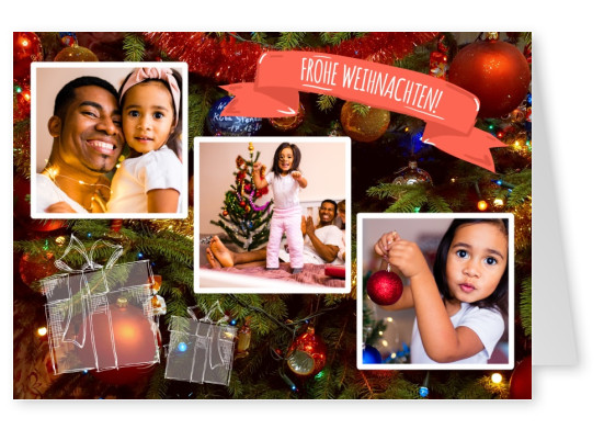 Personalisierbare Weihnachtskarte mit leuchtendem Weihnachtsbaum und Geschenken