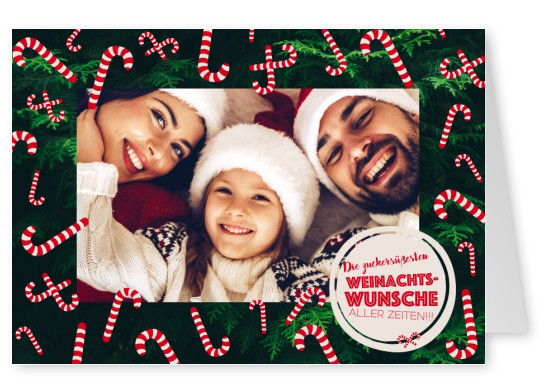 Personalisierbare Weihnachtskarte mit Zuckerstangen und Tannenzweigen