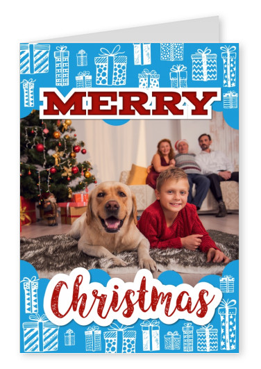 Personalisierbare Weihnachtskarte mit Illustrationen von Geschenken in blau und weiß