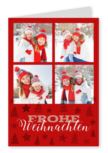 Personalisierbare Weihnachtskarte für vier Fotos auf rotem Untergrund mit Sternen und Tannenbäumen