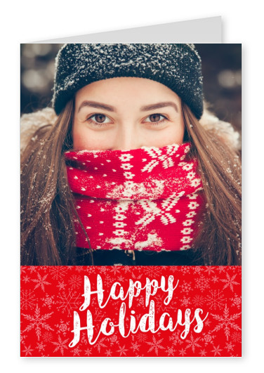 Personalisierbare Weihnachtskarte mit roten Schneeflocken wünscht Happy Holidays