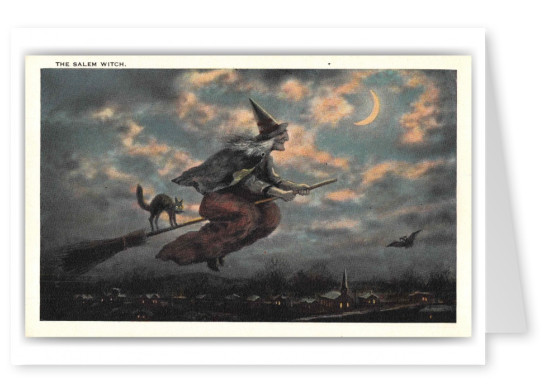 Salem Massachusetts Witch Riding Broomstick with Black Cat
