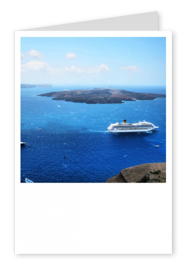 Foto Santorin Vogelperspektive Insel mit Schiff