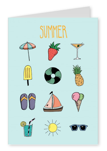 grusskarte mit zwölf Illustrationen vom Sommer