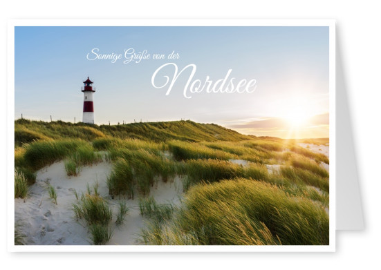 Nordseestrand mit Leuchtturm und Dünen im Sonnenschein–mypostcard