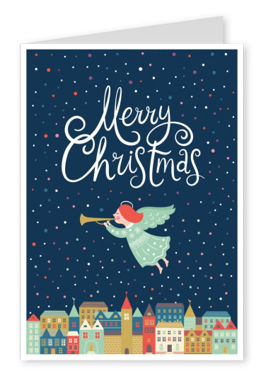 Christkind mit Trompete Postkarte klassisch Schneeflocken Weihnachten Spruch