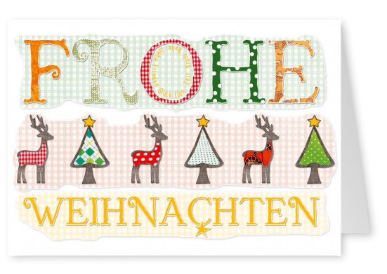 Bunte Niedliche Postkarte mit Rentieren und Weihnachtsbäumen