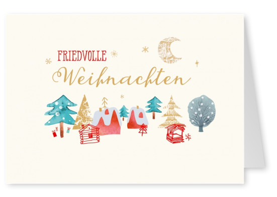 Grusskarte friedvolle Weihnachten verschneites Dorf Zeichnung niedlich