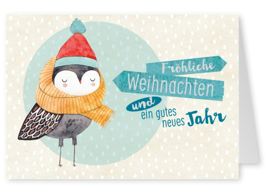 Süßer kleiner Vogel mit Mütze und Schal wünscht frohe Weihnachten und Neues Jahr
