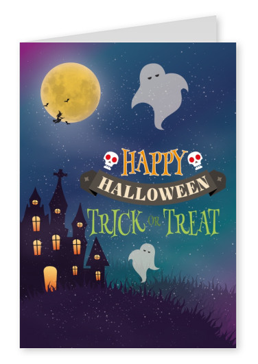 Happy Halloweenkarte mit Geistern, Totenkopf, Spuckhaus und dem Spruch Trick or treat