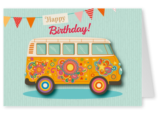 hippie auto happy birthday postkarte grusskarte