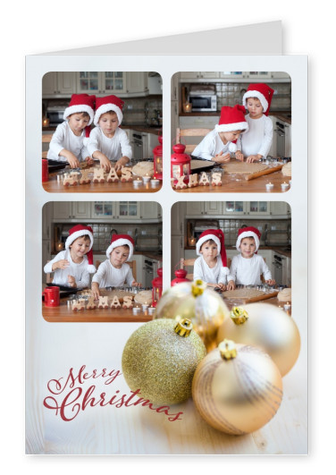 Weihnachtliches Template für vier Bilder mit goldenen Christbaumkugeln