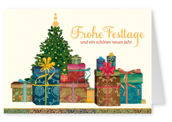 weihnachtskarte mit illustration von geschenken und tannenbaum