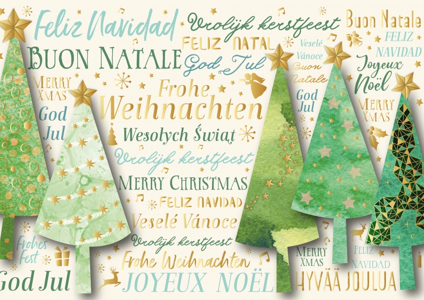 ilustração árvores de natal vários idiomas 