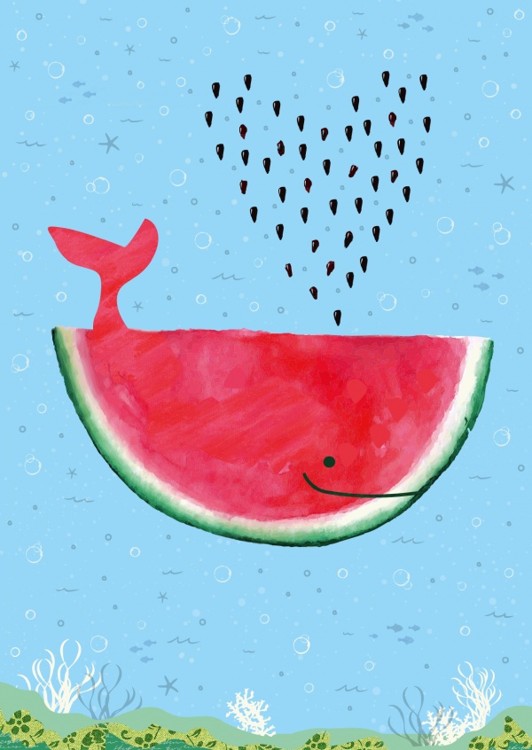 Illustration Wal in Wassermelonenform mit Herzen