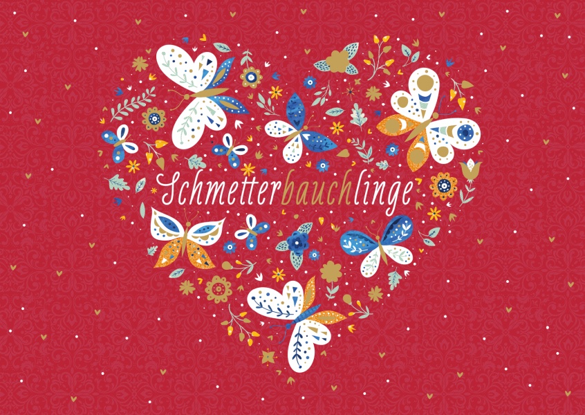 Illustration farbenfrohe Blumen und Schmetterlingen in Herzform auf rotem Grund