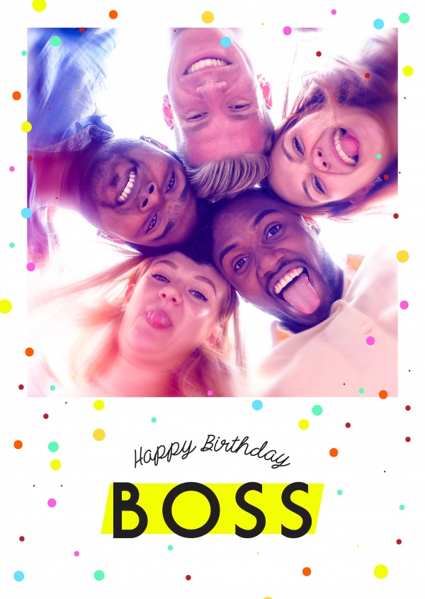 Vitt kort med färgglada prickar som säger Happy Birthday Boss