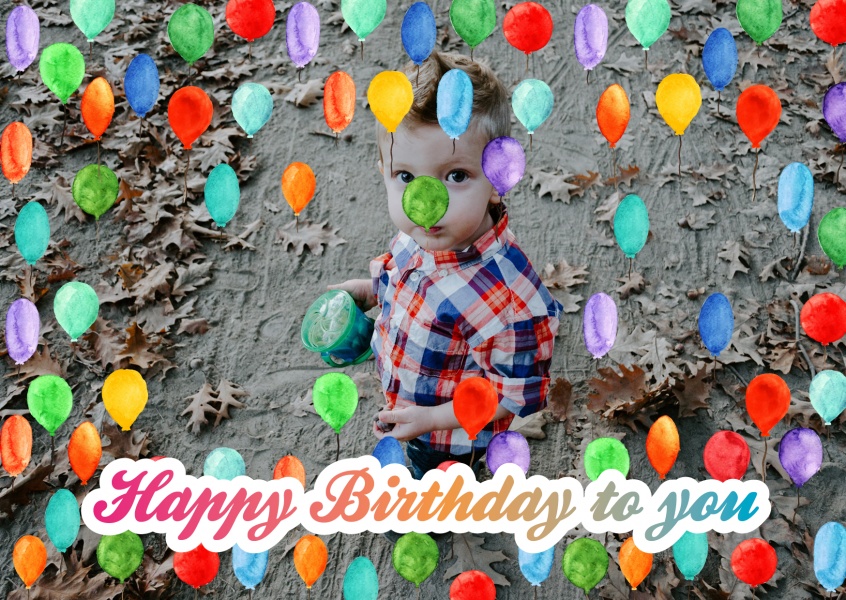 Personalisierbare Grusskarte mit platz für ein vollflächigem foto und viel bunten luftballons und dem schriftzug happy birthday to you