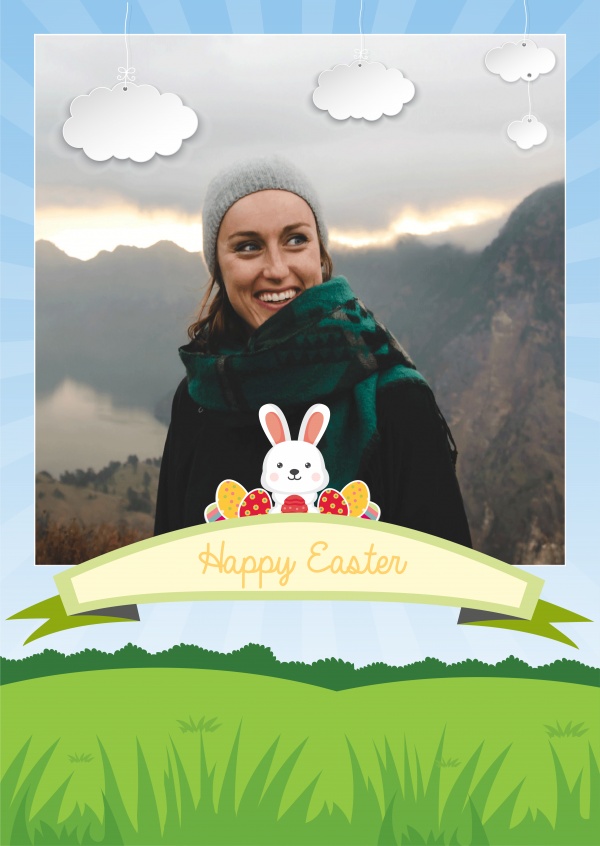 easter bunny and Easter eggs with spring landscape