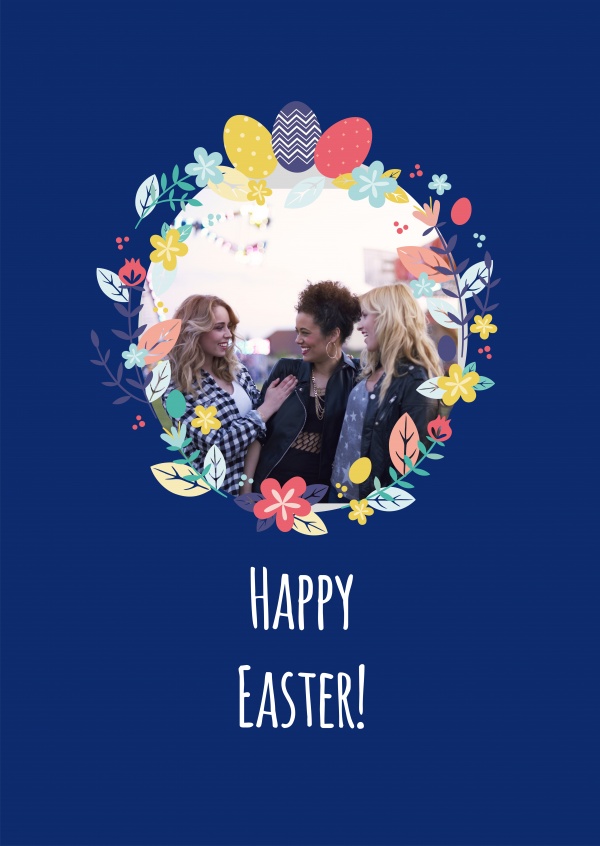 Happy Easter card with flower picture frame and blue background