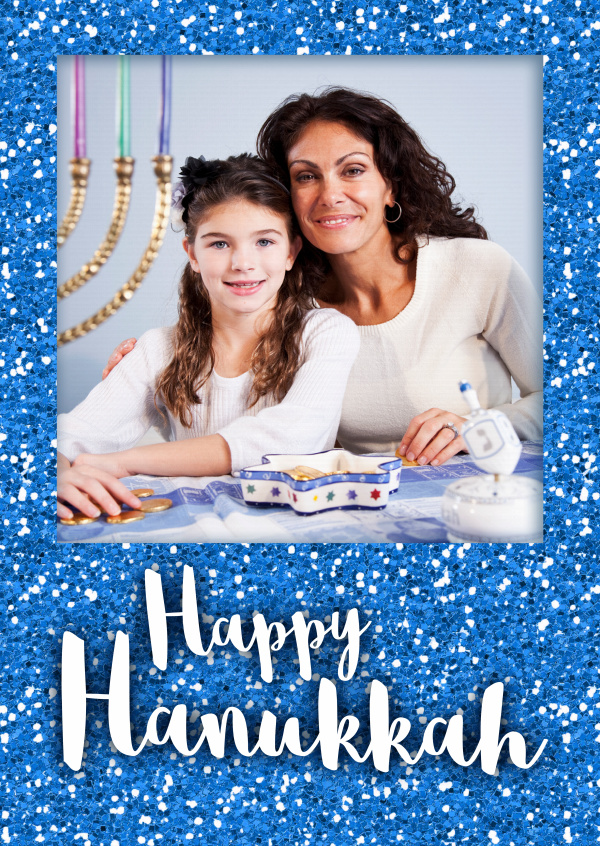 Happy Hanukka with a blue glitter frame