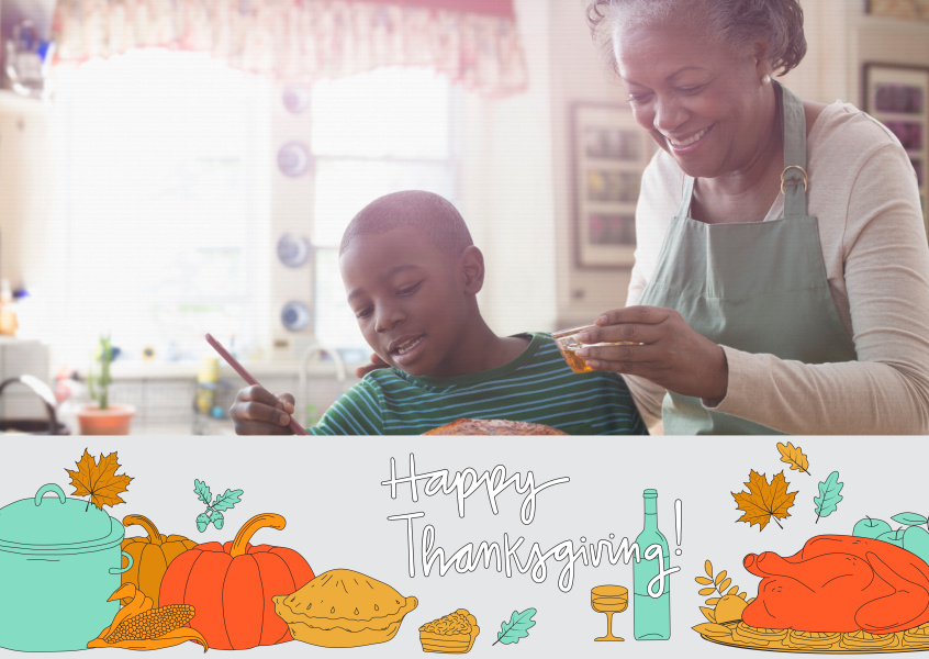 Happy thanksgiving! Tarjeta con platos tradicionales del día de acción de gracias.
