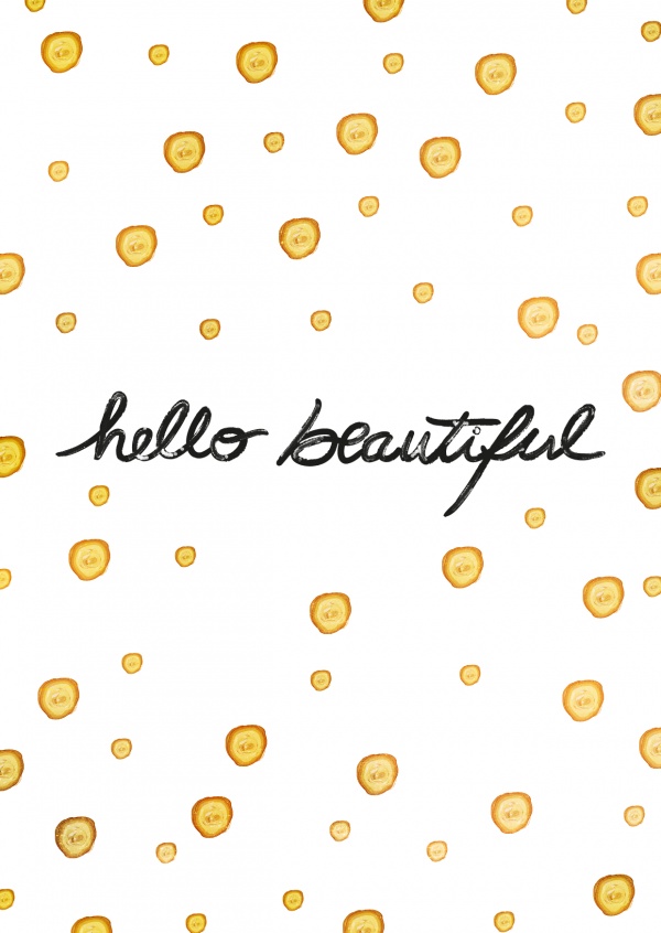 Hello Kalligrafie in schwarz auf gelb gepunktetem Hintergrundâ€“mypostcard