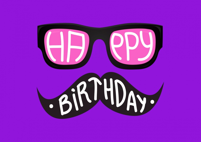 Hipster Geburtstagskarte mit Nerd-Brille und Schnauzbart (lila)