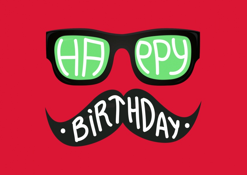 Hipster Geburtstagswünsche mit Nerd-Brille und Schnauzbart(rot)