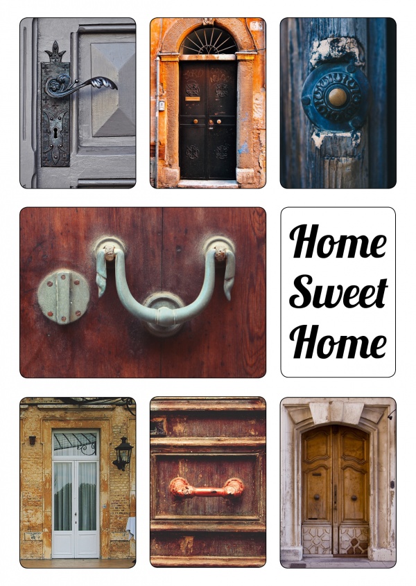 Bilder verschiedener Haus-TÃ¼ren mit dem Spruch Home Sweet Home