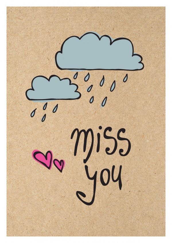 I miss you handwritten on cardboard with rainy clouds–mypostcard