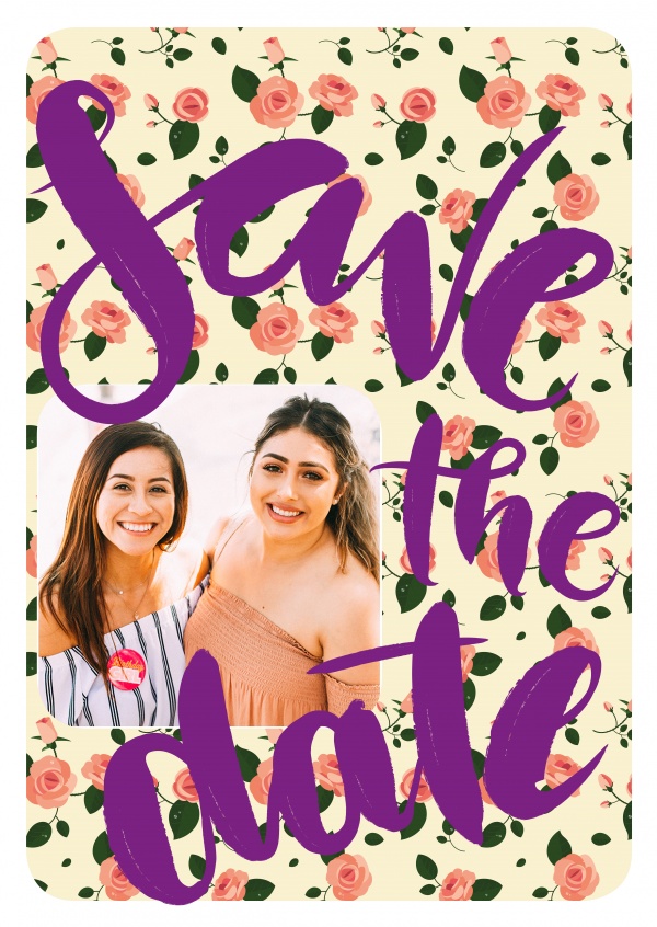 Personalize card with space for one photo, flower pattern and big purpler lettering: save the date